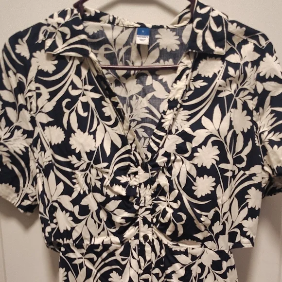 Old Navy Waist-Defined Midi Shirt Dress Navy Blue White Floral L - Picture 5 of 10